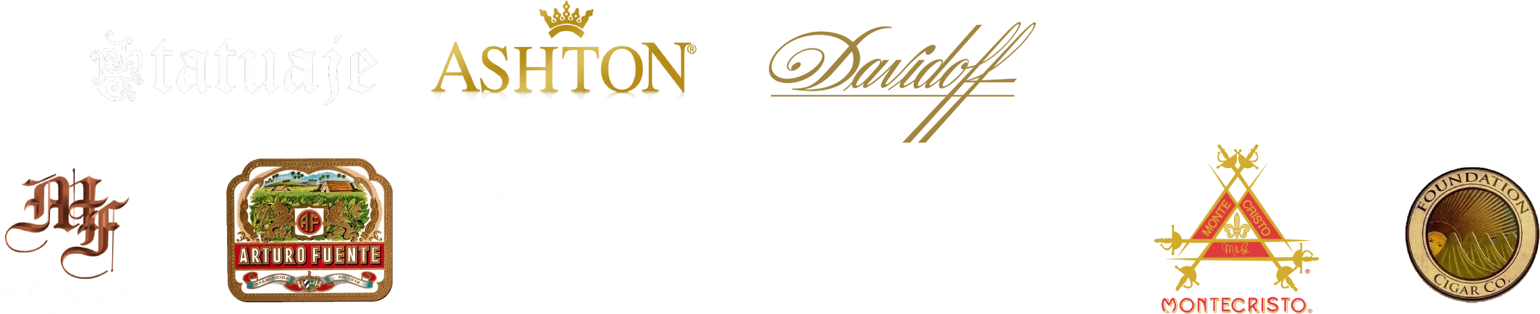 Premium cigar and accessory brands at Churchill's Fine Cigars Scottsdale — including Davidoff, Arturo Fuente, Padrón, Ashton, Liga Privada, Tatuaje, Montecristo, S.T. Dupont, Xikar, Foundation, and My Father Cigars.