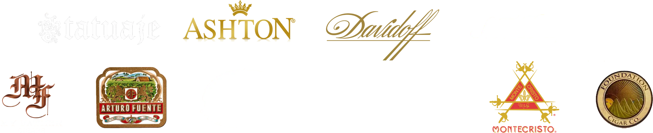 Premium cigar and accessory brands available through Churchill's Fine Cigars including Davidoff, Arturo Fuente, Padrón, Ashton, Liga Privada, Tatuaje, Montecristo, S.T. Dupont, Xikar, Foundation, and My Father Cigars.